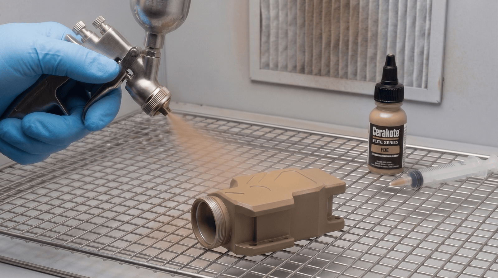 Cerakote application - spray gun applying ceramic coating