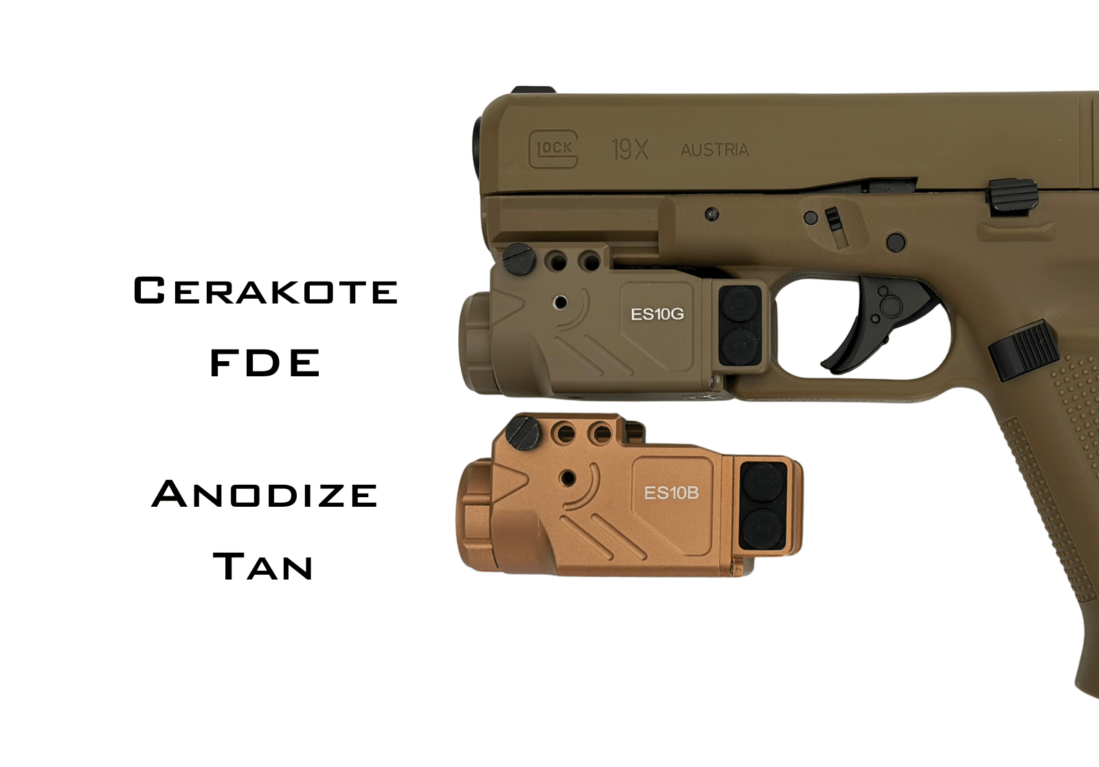 Side-by-side finish comparison — Cerakote matte, anodized aluminum, and PVD metallic sheen on identical parts under controlled lighting